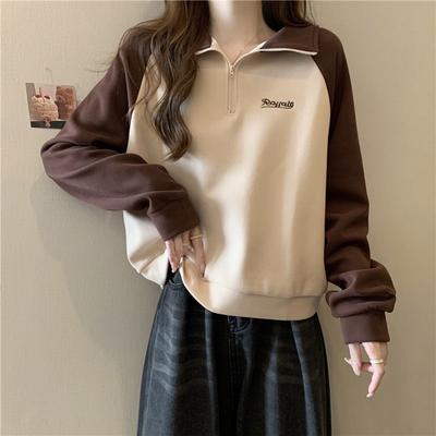 Echter Schuss Wind halber Reißverschluss Stehkragen Kontrastfarbe bestickter Buchstabenpullover Damen dünnes lockeres Oberteil