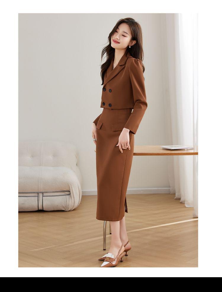 Plus Size 300 Jin Korean Autumn Double-Breasted Lapel Top and High-Waisted Slimming Skirt Set