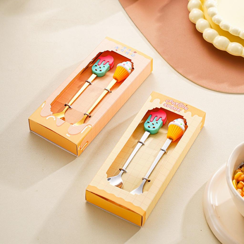 Edelstahl Löffel Gabel Besteck Set Kreativ Cartoon Kuchenlöffel Kaffeelöffel Dessert Obstgabel Geschenkbox Set