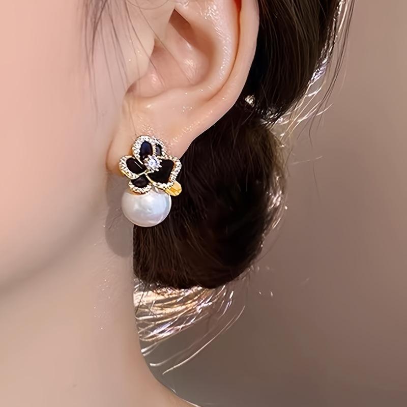 Luxury Black Rose Flower & Pearl Stud Earrings For Women, Elegant Winter Ear Jewelry With Full Rhinestones