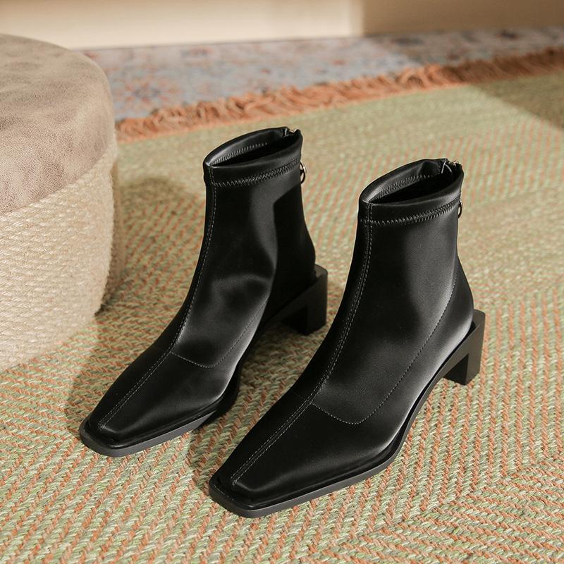 H376-2 high mercerized suede thin medium tube short boots black thick heel autumn and winter zipper women's boots niche fashion boots