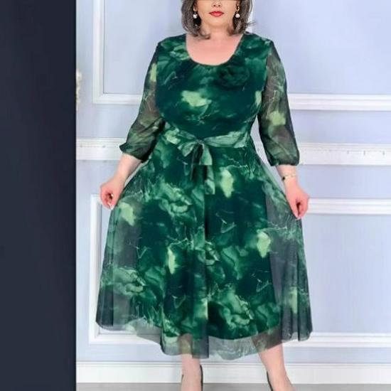 

2025 Spring/Summer Elegant Round Neck Print Double-Layer Long Dress XL зелений