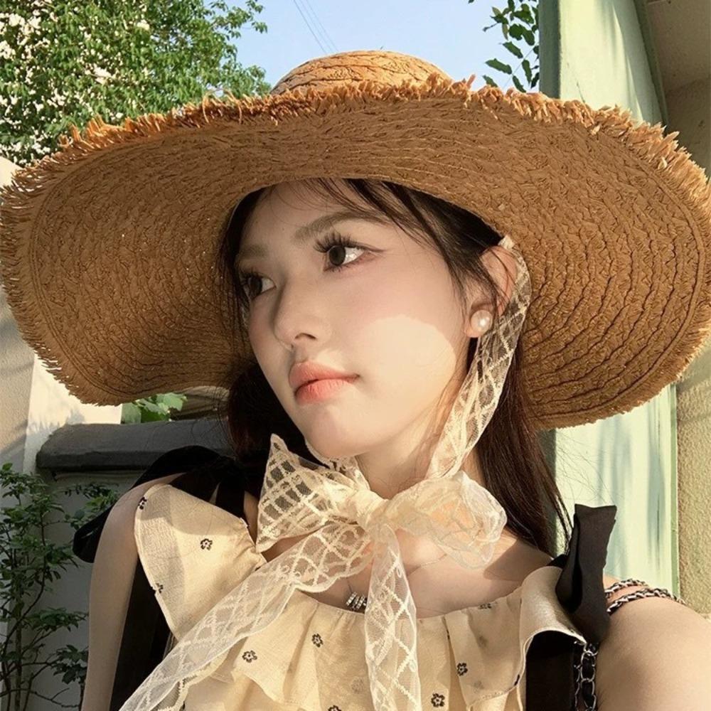 Lace lace-up woven straw hat women's summer outing big brim sun protection sun hat seaside UV protection beach hat