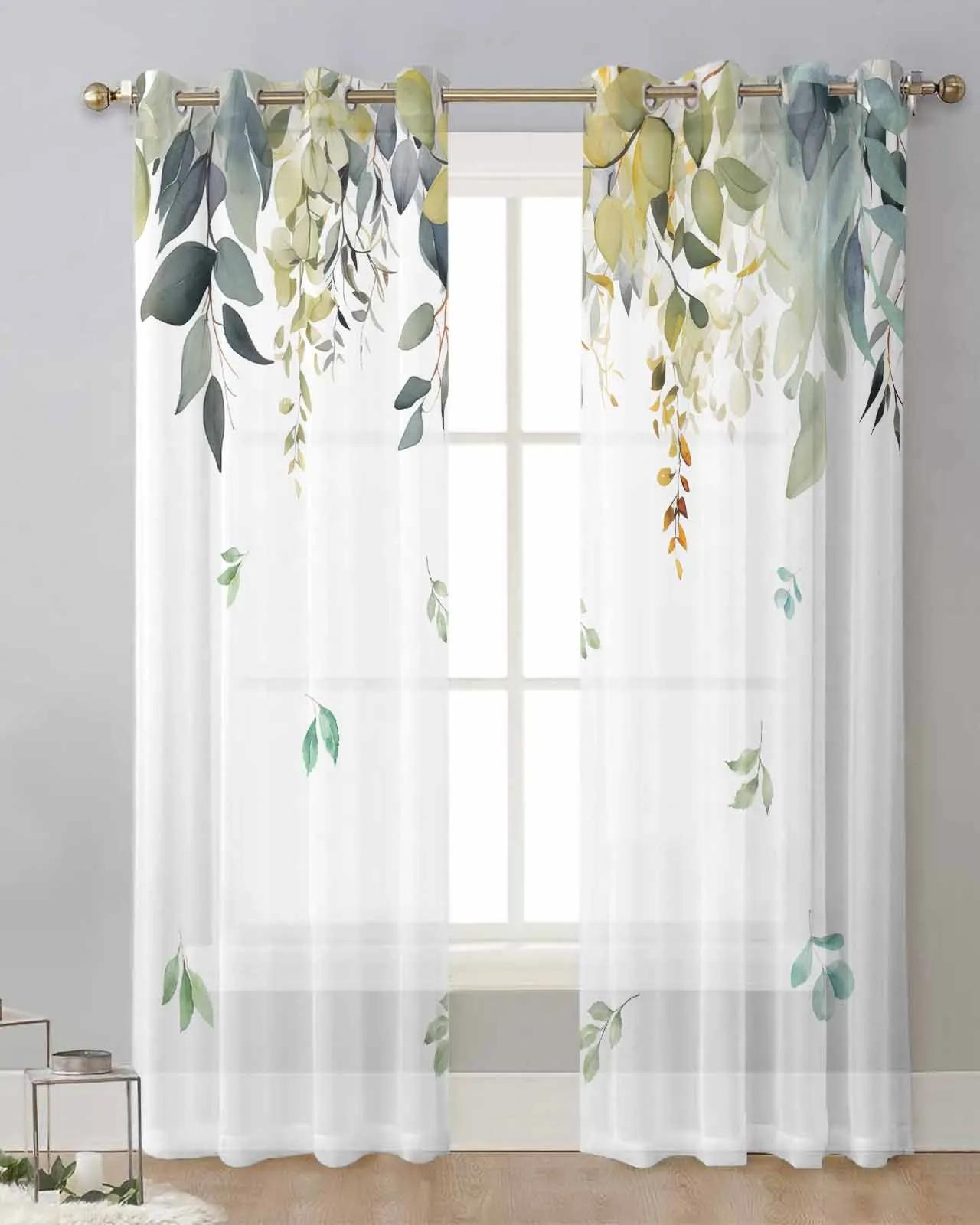 

Watercolour Flowers Plants Leaves Blue Tulle Drapes Living Room Kitchen Area Translucent Window Opening Treatments Voile Curtains With Grommets W65X60H(cm)X2Pcs&Grommet Top