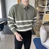 Stylish Contrasting Colors Striped Sweaters Autumn Winter Turn-down Collar Men's Clothing Casual Long Sleeve Knitted Pullovers