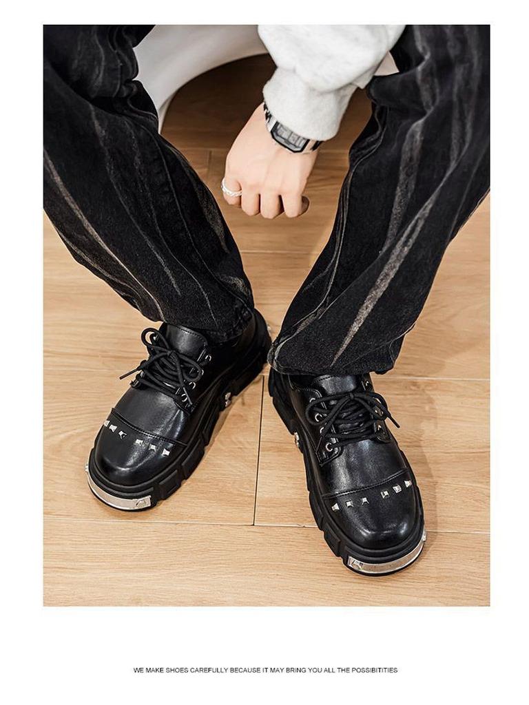 2025 Autumn Men's Black Derby Shoes - Korean Style Trendy Casual Leather with Height Increasing Thick Sole