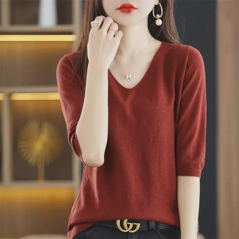 Koreansk Stil Dame V-Hals Mellomlang Erme Løs Strikket Pullover Skjorte - Vår/Sommer Tynn Genser Topp