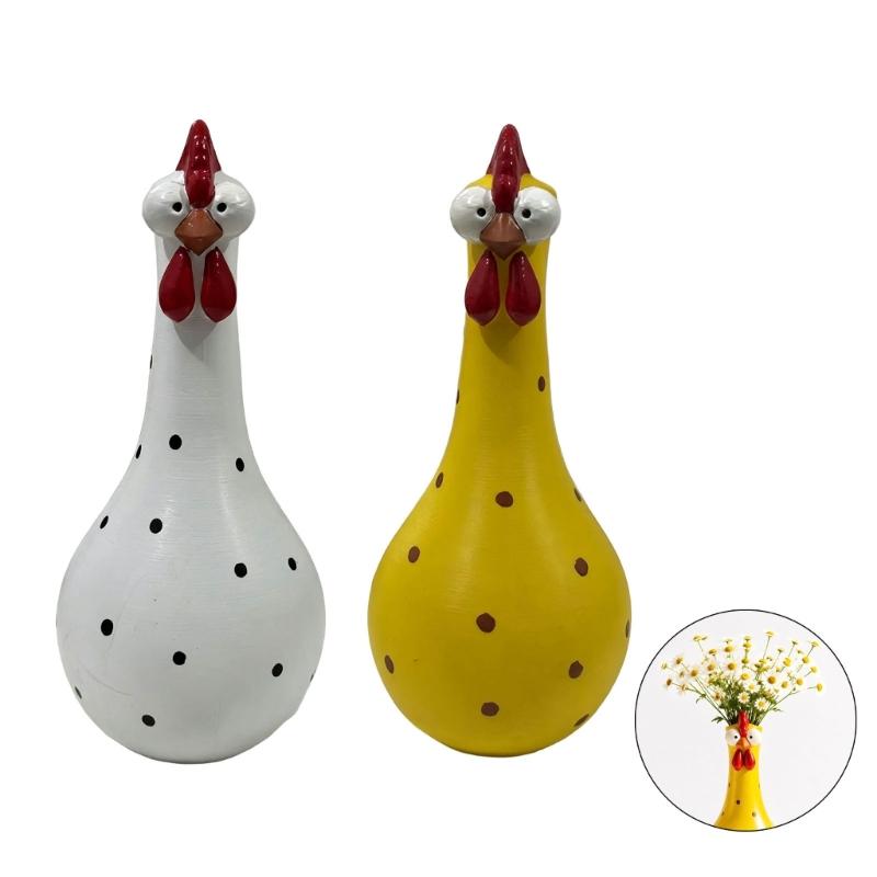 Colorful Dot Rooster Shape Flower Vases, 2 Piece Funny Resin Long Neck Chicken Sculpture For Living Room Office Decoration