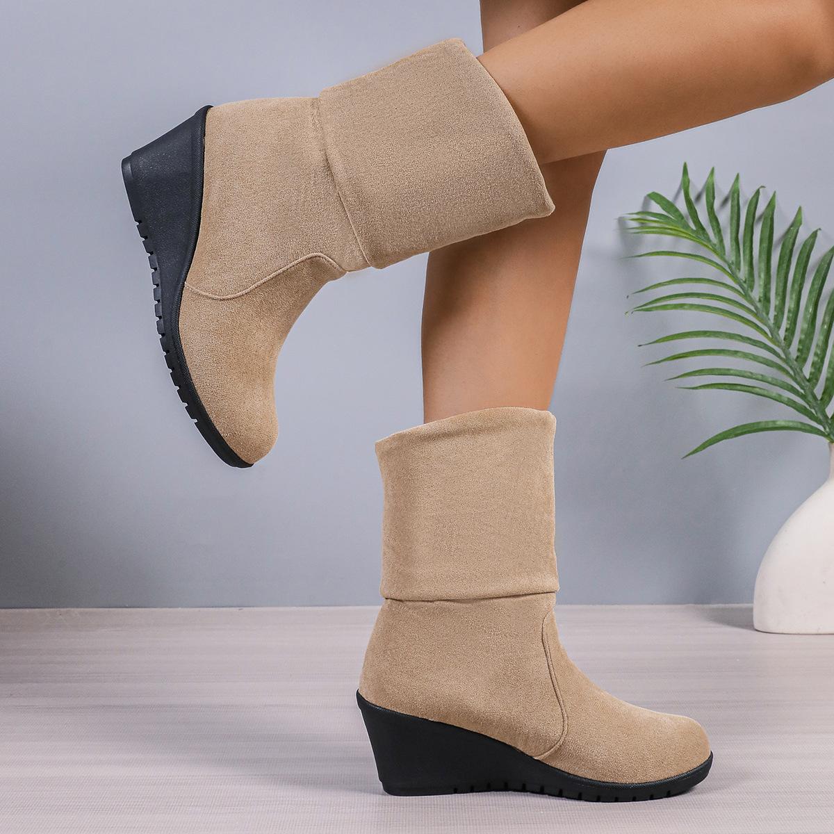 

Сапоги женские 2024 осень и зима новые сапоги на толстой подошве со скошенным каблуком средней высоты леопардовый принт плиссированные модные сапоги для женщин 35 бежевый