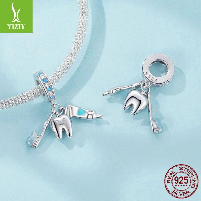 Mini Tooth Brushing Three-Piece Diy Pendant Accessories, Fun Design S925 Silver Beaded Accessories