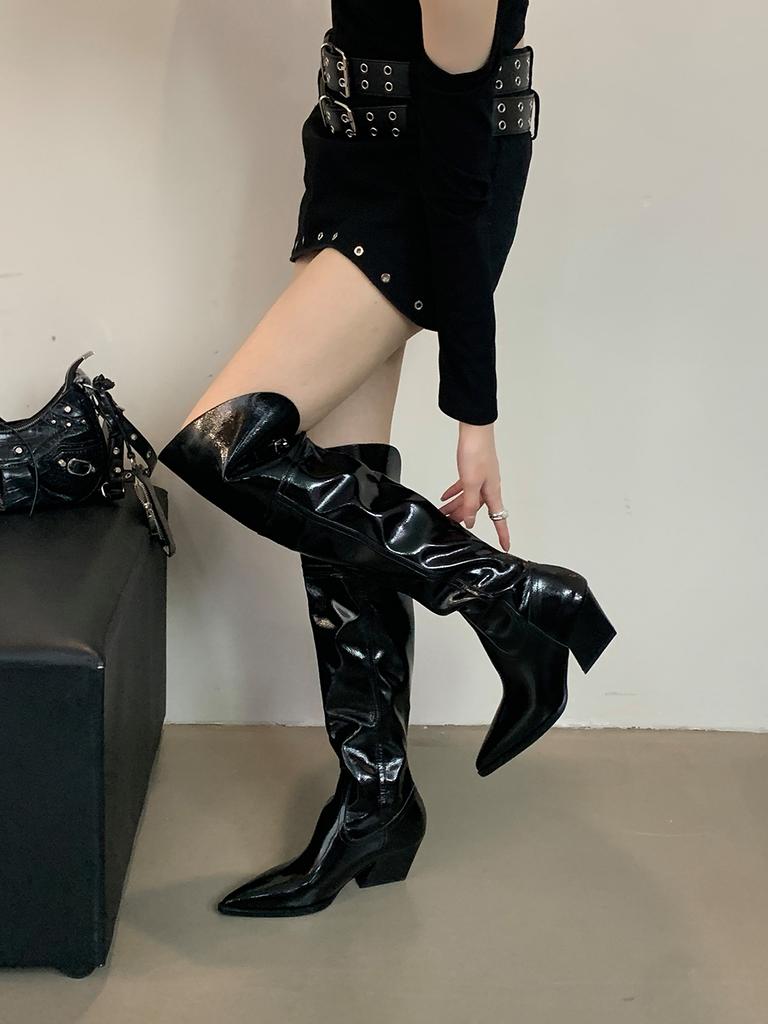 fashion Chelsea Boots For Woman Pointed Toe Patent Leather Ladies Party Pumps 2024 New Arrivals Fashion Slip On Western Botas Winter