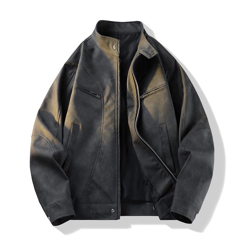 Американская ретро черная кожаная куртка: Осенний Зимний Повседневный Стойка Воротник Модный Рабочая Одежда XL