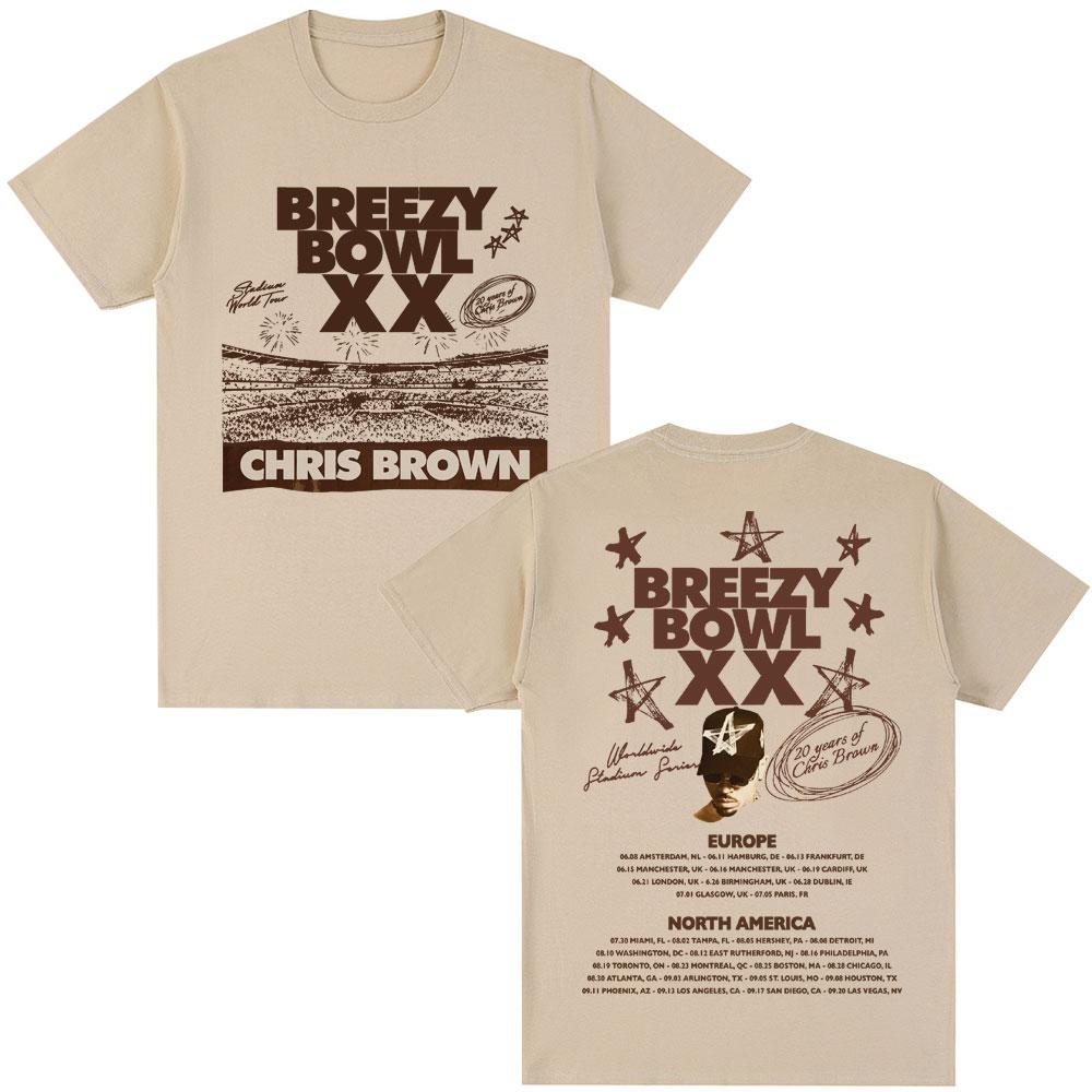 Rapper Chris Brown Breezy Bowl XX Tour 2025 T Shirt Men's Hip Hop Retro Short Sleeve Oversized Cotton Casual T-shirt Streetwear