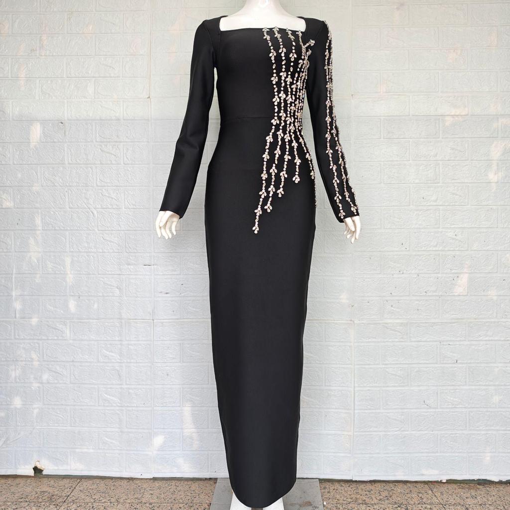 European & American Luxury Rhinestone Square Neck Bandage Dress - Slim Fit, Elegant Socialite Evening Wear.