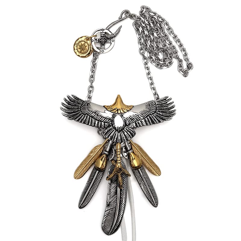 

316L Дуже великий кулон-намисто з орлом, що летить вниз за грошима, Розкішний індивідуальний кулон-пір їна, Срібне пір я, Золоте сонце, Золоті кігті, Спеціальна коробка в комплекті, Пір я