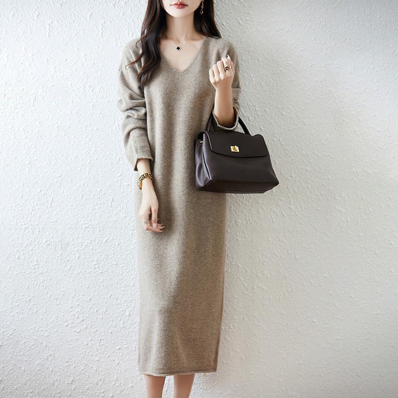 Women's Mid-Length Loose Wool & Cashmere Sweater Dress - Trendy Autumn/Winter Base Layer
