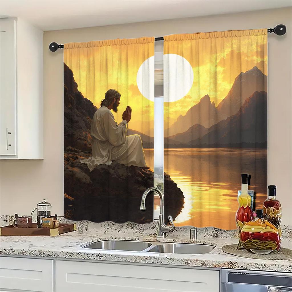 2-Panels The Rising Sun of Jesus in The East Semi Blackout Curtain   Half Blackout Suitable for Artistic Home Decorative Curtains
