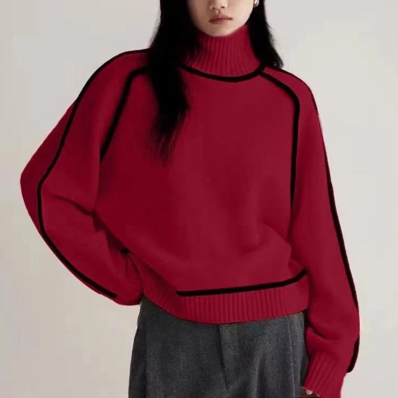 Podzim Zima Móda Nový Volný Svetr Dámský Elegantní Pletený Polovysoký Límec Dlouhý Rukáv Topy Elegantní Prošívání Dojížděcí Styl Teplý Svetr