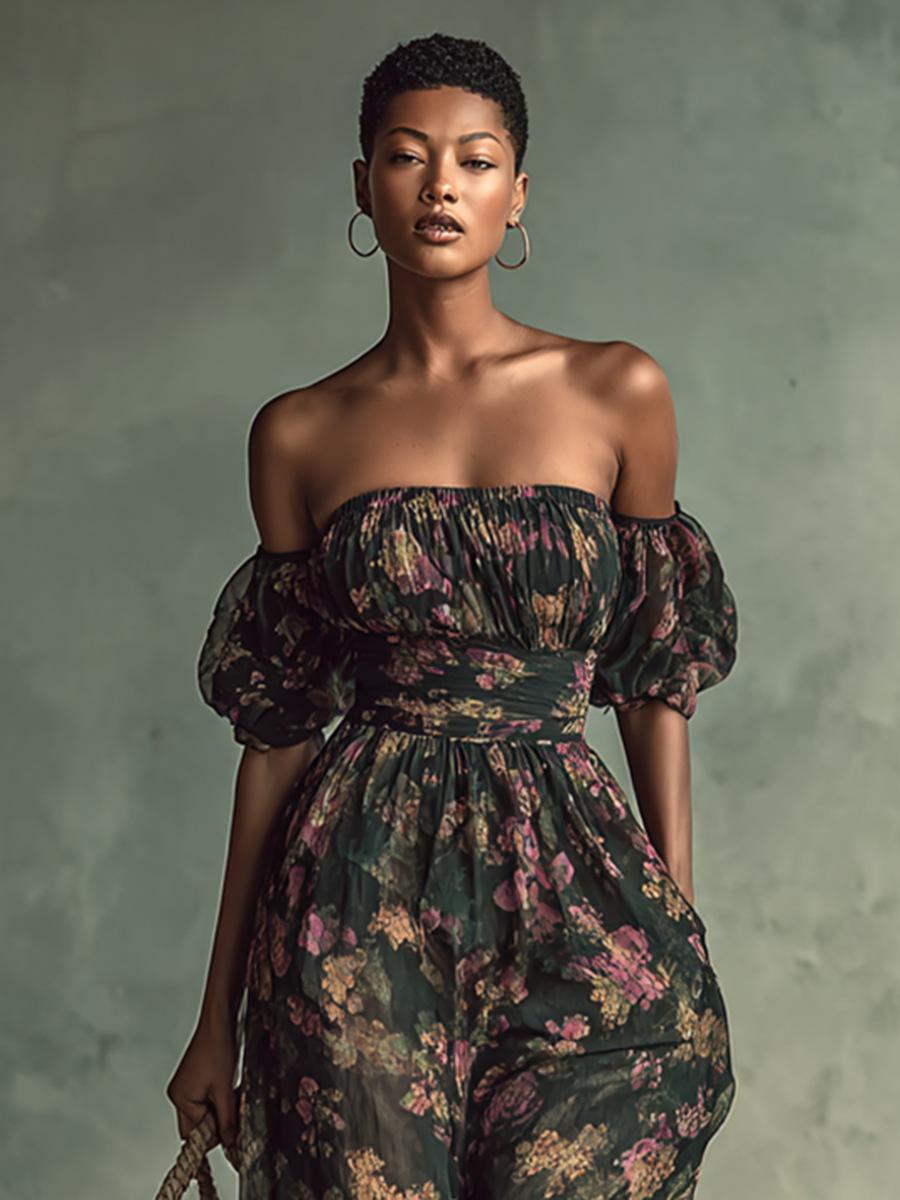 Women s Off Shoulder Puff Short Sleeve Elastic Waist Floral Print Loose Wide Leg Jumpsuit S