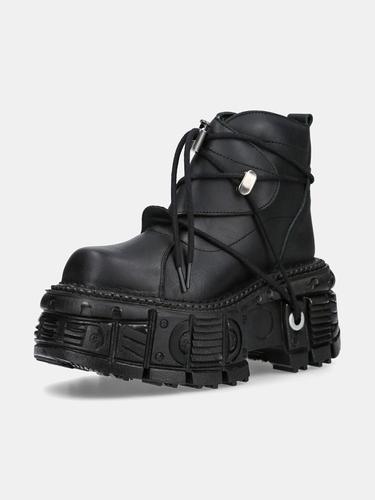 Women's Punk Style Leather Shoes Lace-up Heel Height Platform Female Gothic Ankle Boots PU Metal Decor Thick Bottom Sneakers