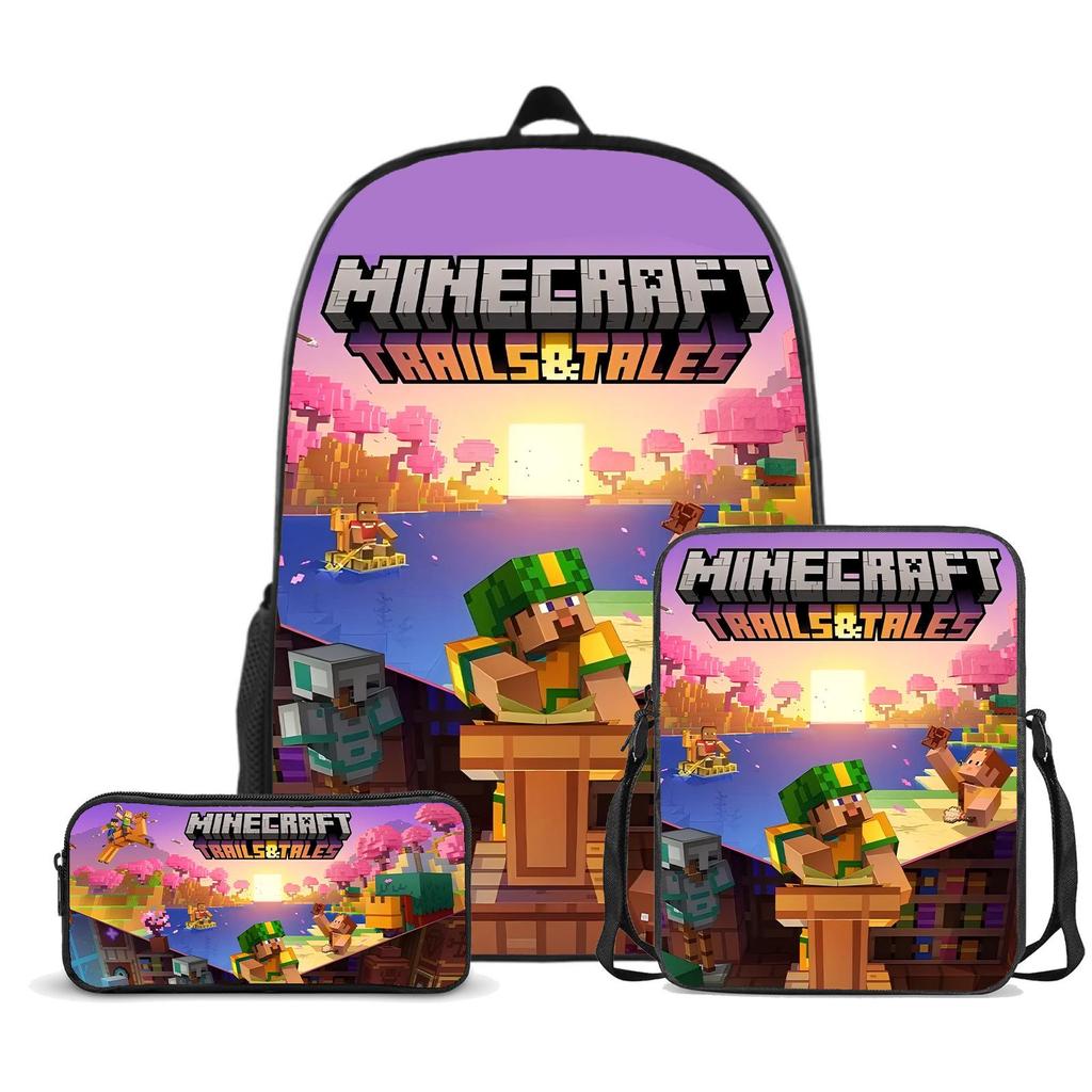 Popular Minecraft 3-Piece Set: Backpack, Messenger Bag, and Cartoon Pencil Case - Lightweight, Splash-Proof, Large Capacity