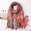 Print Geometric Tassel Turban Scarf Boho Scarf For Women Lightweight Floral Printed Scarf