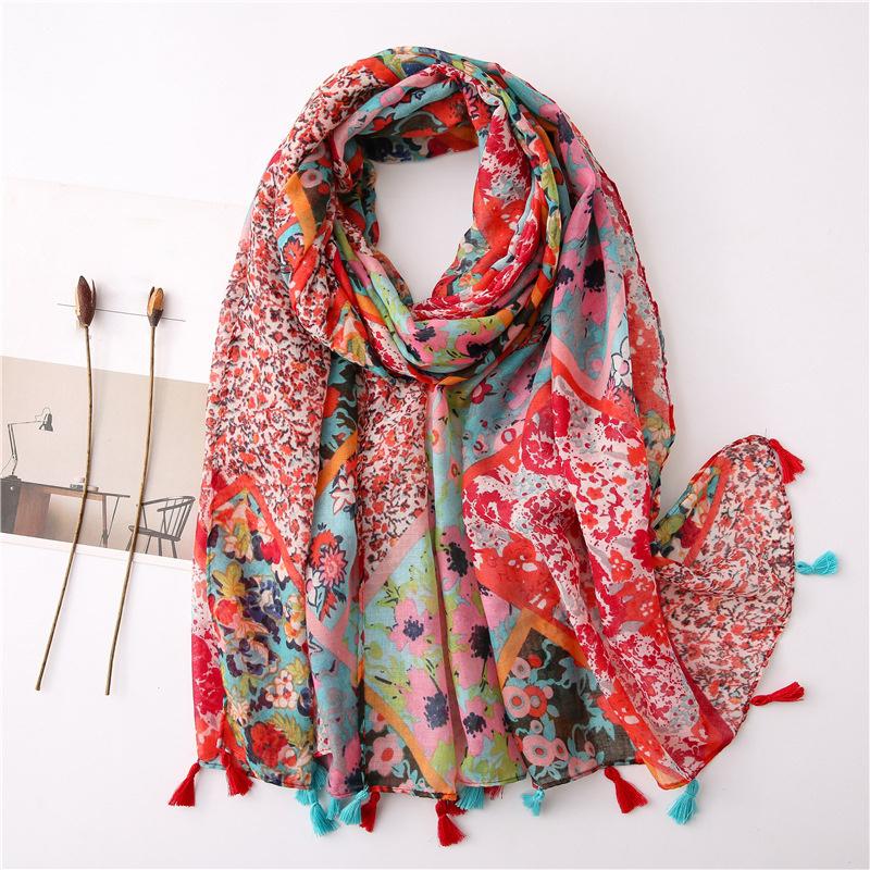 Print Geometric Tassel Turban Scarf Boho Scarf For Women Lightweight Floral Printed Scarf