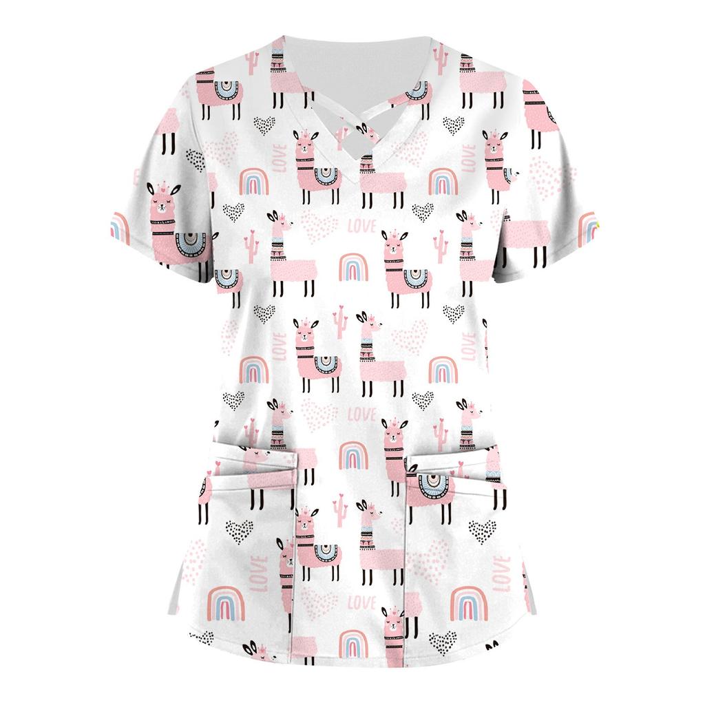 Plus Size Söt tryckt Scrub Arbetsuniform Toppar För Kvinnor Kors V-ringad Kortärmad Roliga T-shirts Arbetskläder T-shirt med fickor