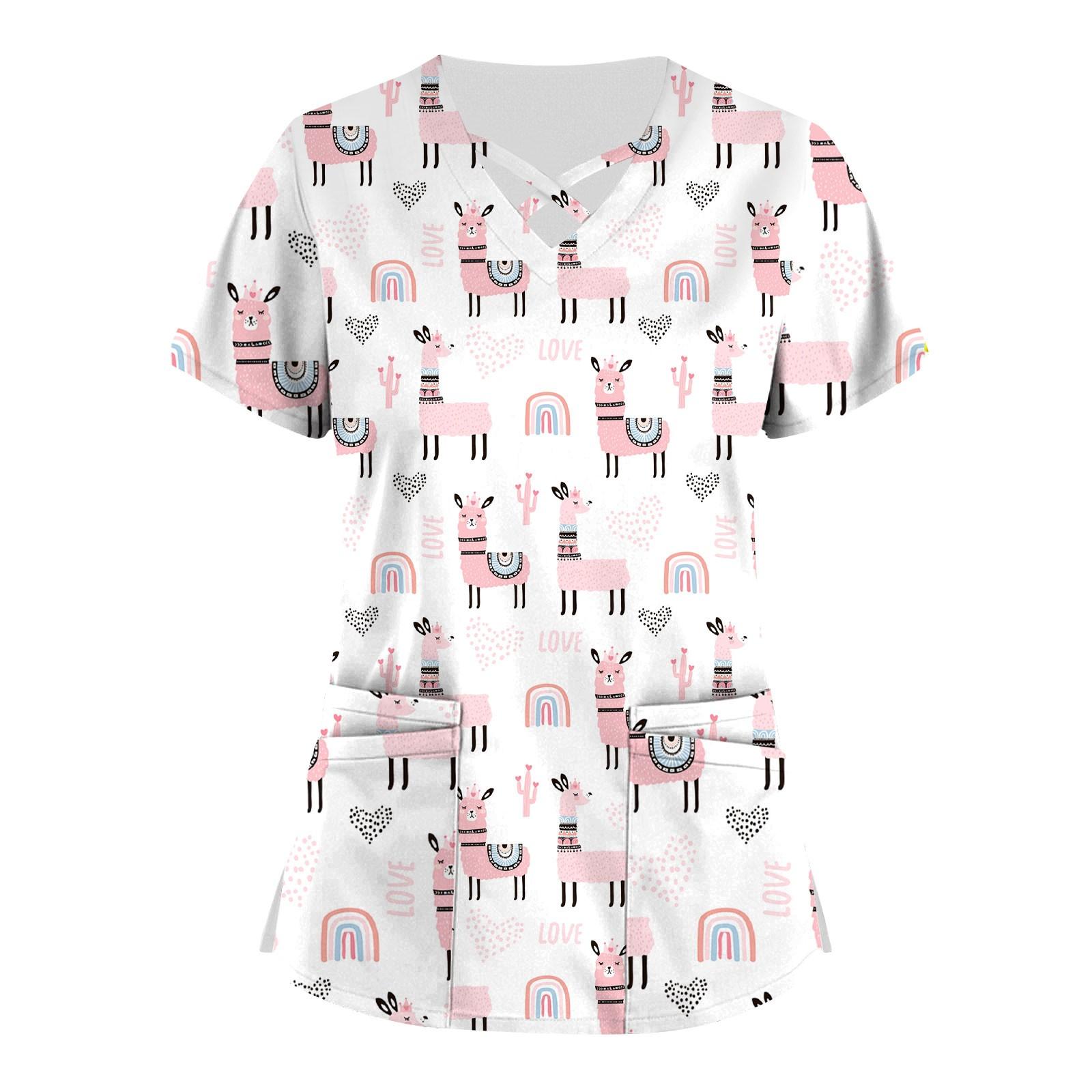 

Плюс размер, милая рабочая форма с принтом, топы для женщин, забавные футболки с перекрестным v-образным вырезом и короткими рукавами, рабочая одежда, футболка с карманами XL белый