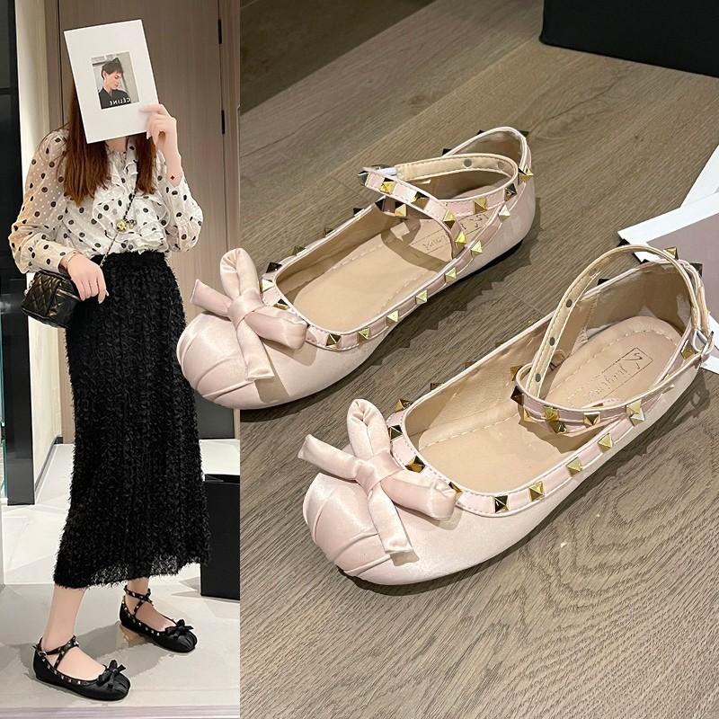 Pink bow soft-soled rivets Mary Jane single shoes women's shoes 2025 new summer flat-soled retro evening shoes