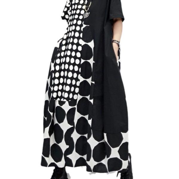 2024 Korean Style Plus Size Polka Dot Patchwork Mid-Length Dress - Summer Literary Fashion