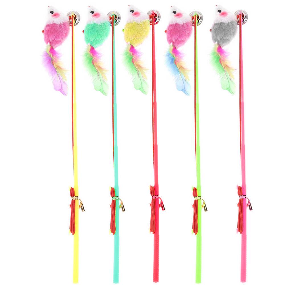 5pcs Cat Funny Stick Simulation Mouse Feather Rod Elastic Dangler Wand Teaser Playing Toy Interactive with Ring Bell