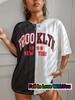 Women's Tshirt Color Block Brooklyn Letter 3D Print Harajuku O-neck Oversized Casual Short Sleeve Trend Y2k Streetwear Tops