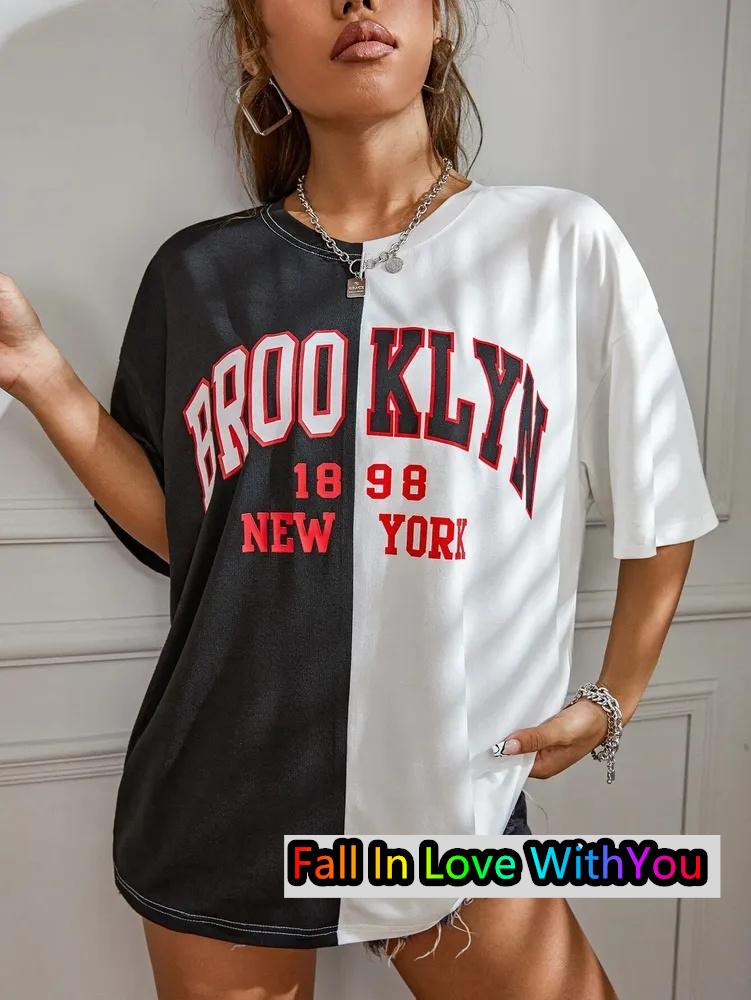 Women's Tshirt Color Block Brooklyn Letter 3D Print Harajuku O-neck Oversized Casual Short Sleeve Trend Y2k Streetwear Tops