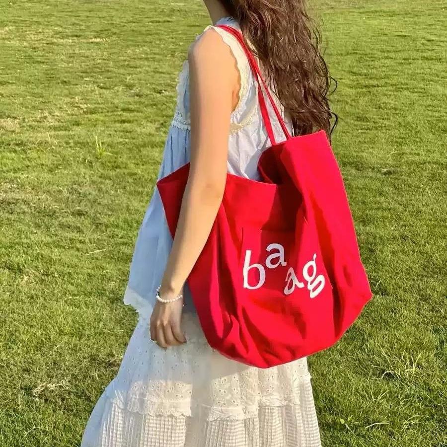 Korean Lazy Wind Large Capacity Red Letter Canvas Bag 2025 New Versatile Student Commuter Tote Bag for Class
