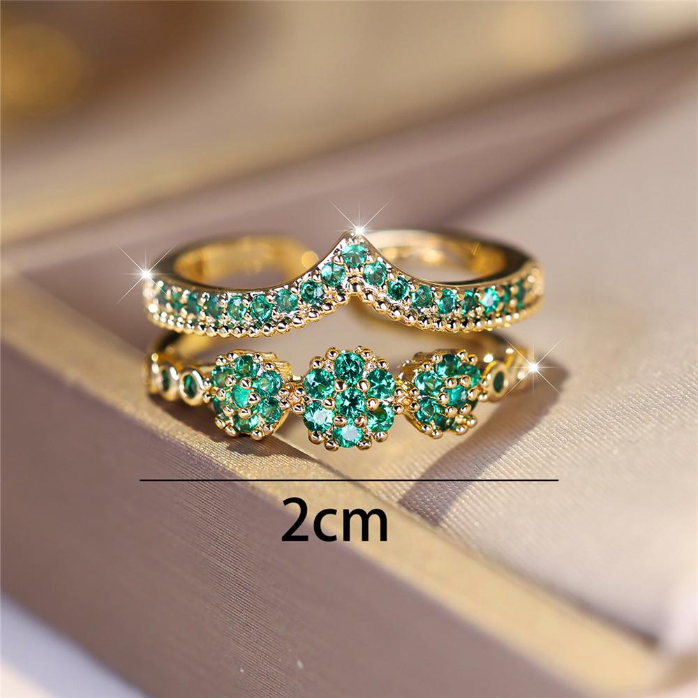 Luxury Green Blue Red Black Stone Wave  For Women Gold Color Zircon Flower Wedding Bands Adjustable Finger Ring
