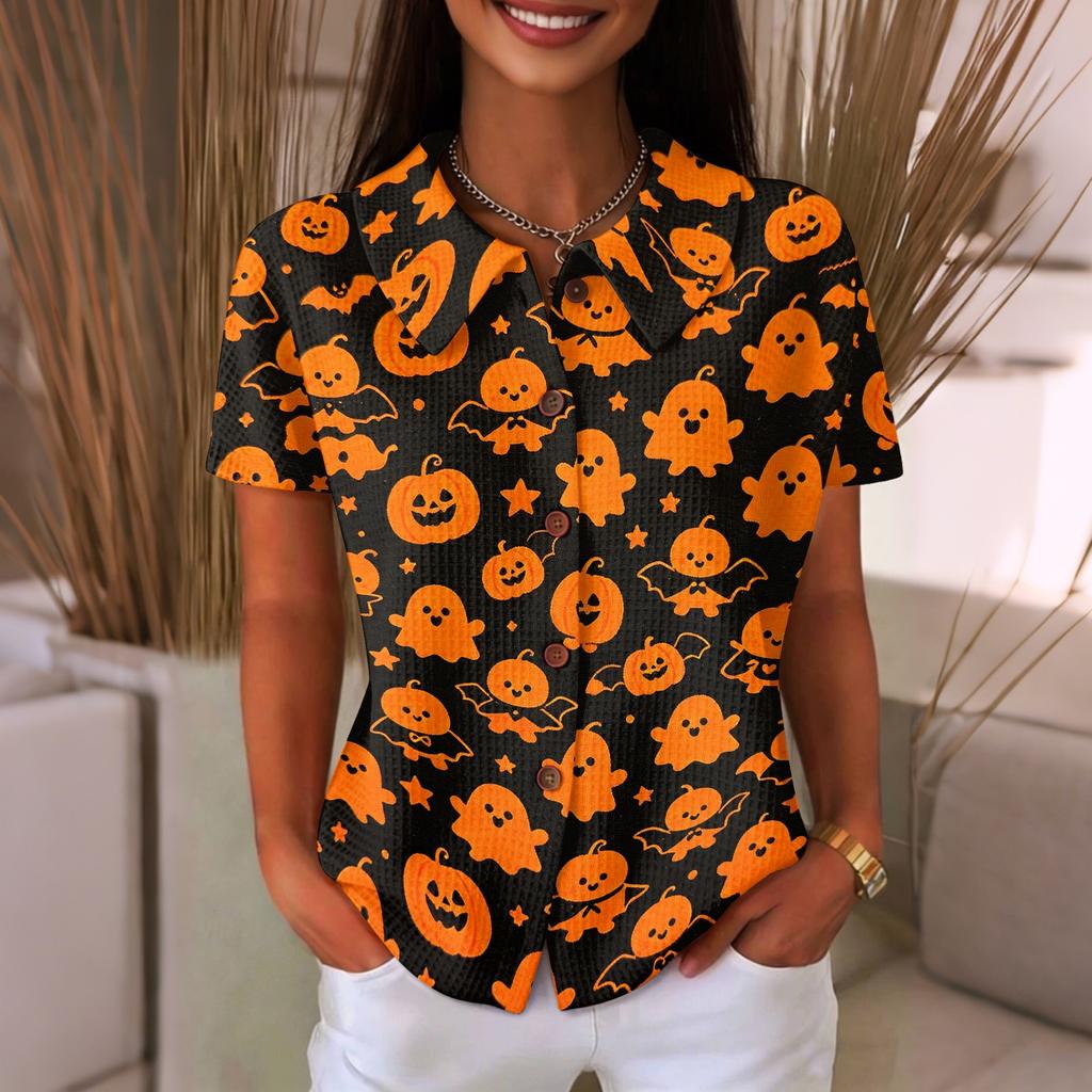 Women's Casual Button Front Waffle Knit Shirt Halloween Print Short Sleeve Top Lightweight Comfortable Relaxed Fit