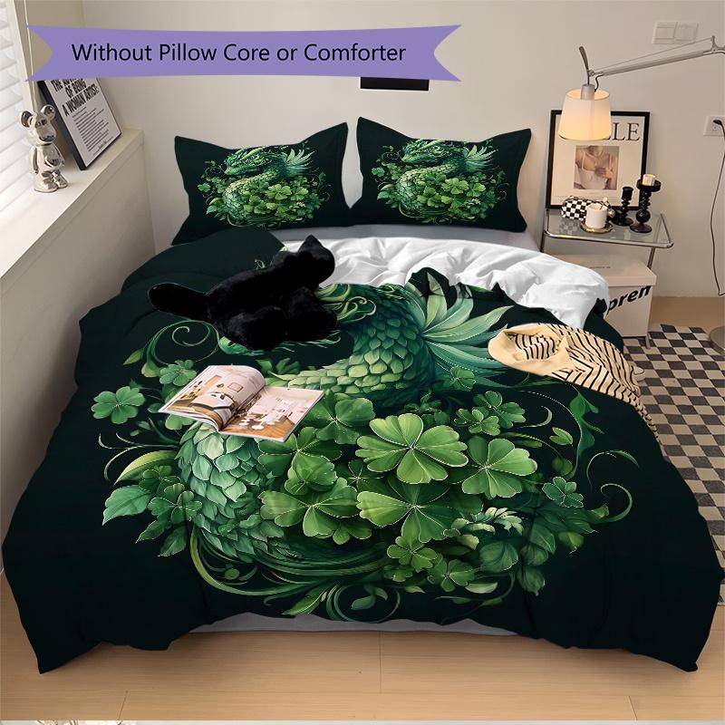 3pcs Green Leaf Dragon Quilt Set - Soft and Comfortable Bedroom, Guest Room and Dorm Decor Bedding Set 1 Quilt Cover + 2 Pillowcases.J063