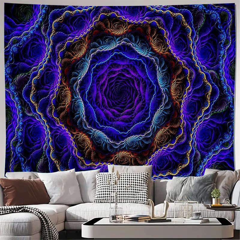Purple Blue Fractal Mandala Abstract Art Wall Tapestry Machine Washable All Season Decor Art Print Modern Design Home Nontoxic