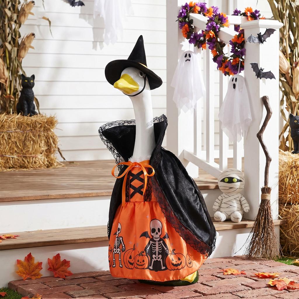 23 Inch Outdoor Porch Goose Halloween Decoration with Witch Costume Skeleton Pumpkin Print Garden Prop for Yard Display