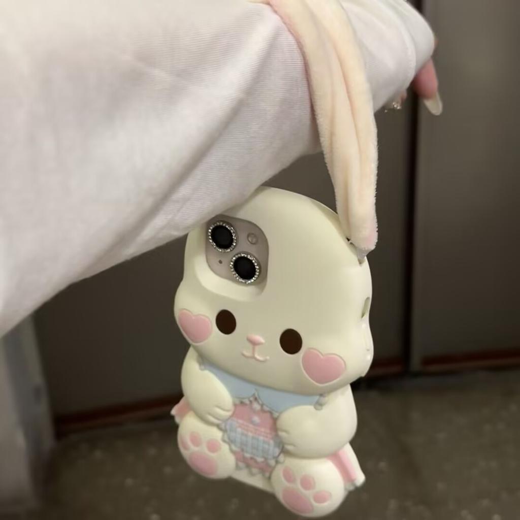 3D Cartoon Plush Long Ears Rabbit Phone Case For IPhone 17 16 15 14 13 Pro Max 14 15 Plus Soft Silicone Back Cover