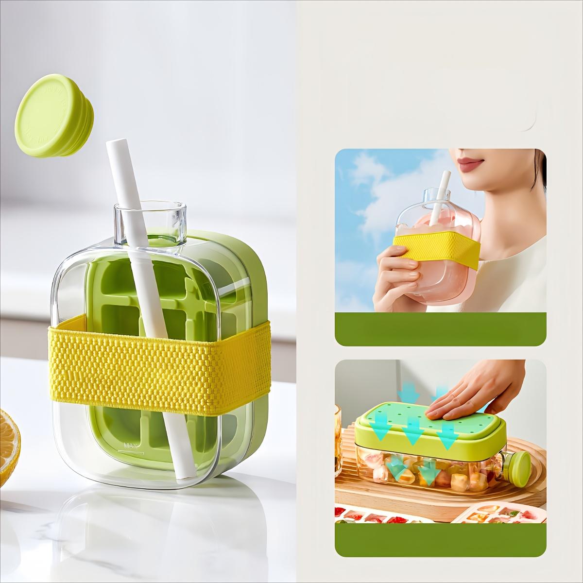 2-in-1 Ice Maker Ice Tray Water Bottle Press Bottle Portable Kettle With Lid Ice Making Straw Silicone Kettle No Touch Mould