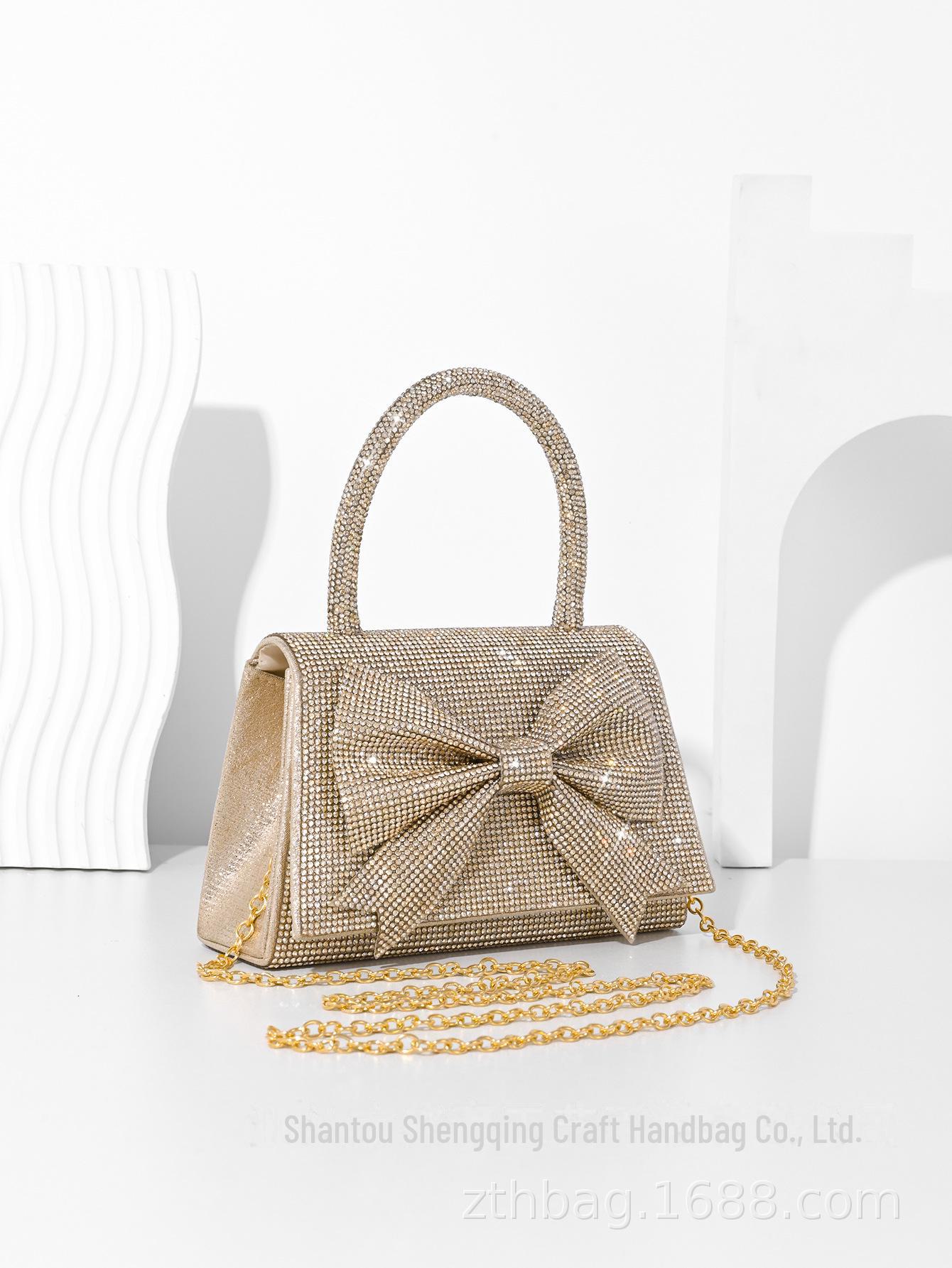 

Элегантная вечерняя сумочка с бантом в европейском и американском стиле 2024 года — роскошный свадебный блеск золотой