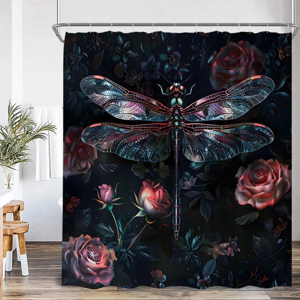 Vintage Butterfly Floral Shower Curtain Dragonfly Flower Moon Plant Skull Witch Magic Shower Curtain Bathtub Decoration