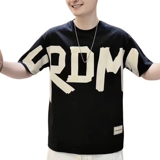 Summer Men T-shirt Letter Print Loose Round Neck Short Sleeves Loose Casual Pullover Youth Student Teenager Daily Wear Sport Top