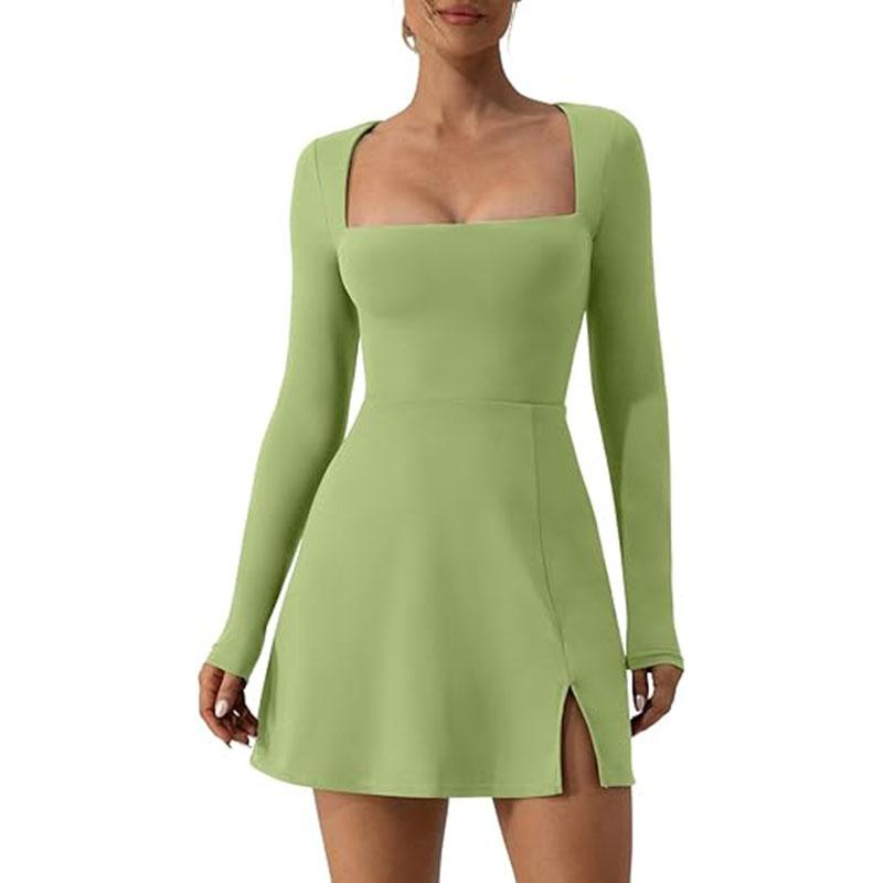 Womens Square Neck Bodice Dress Long Sleeve Side Slit Flare Mini Dresses