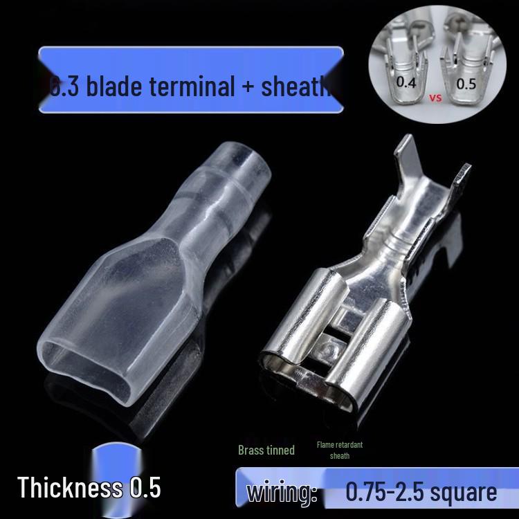 6.3mm Thickened Copper Spade Terminal, Cold Crimp Female Connector, 0.4/0.5mm Plug-in/Pull-out, 0.3mm Thickness.