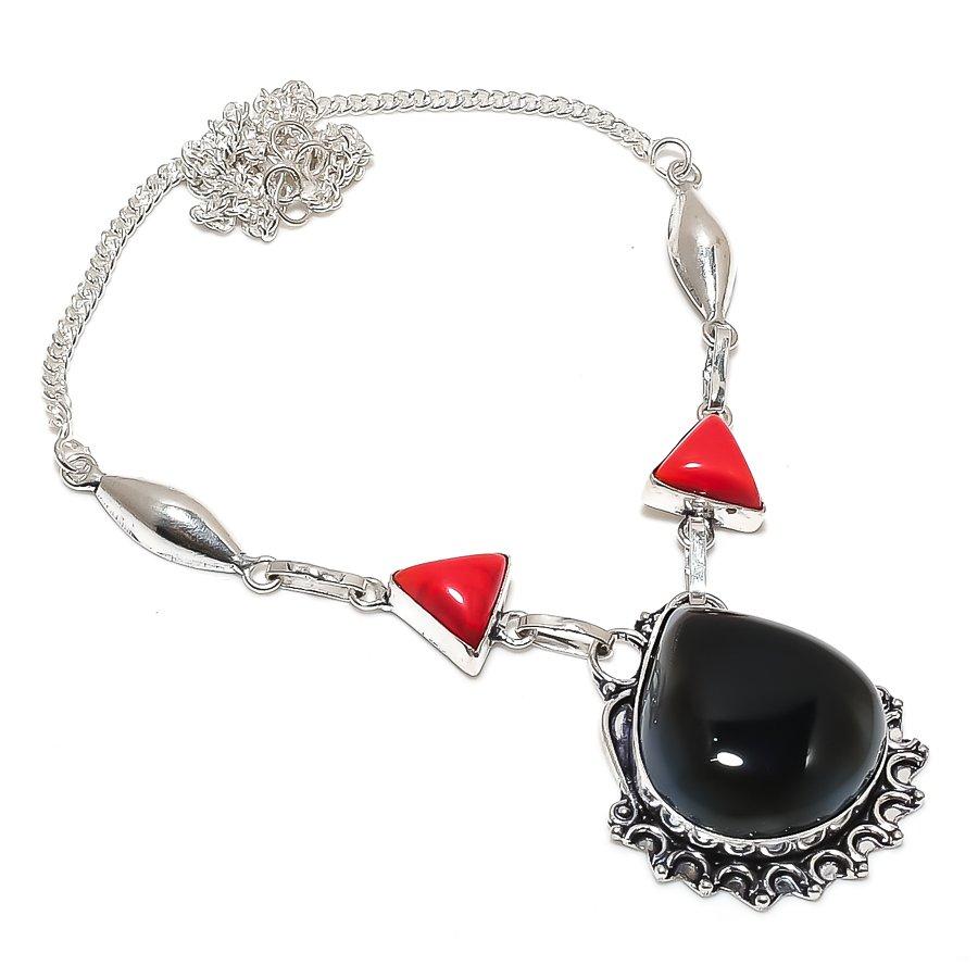 Natural Black Onyx, Coral Gemstone 925 Sterling Silver Jewelry Necklace 18" K2N09
