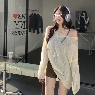 Lazy Style Hollow Out Soft and Sticky Pullover Knitted Sweater Off Shoulder Mid Length Chic Cover Shirt with Holes and Sun Protection Top