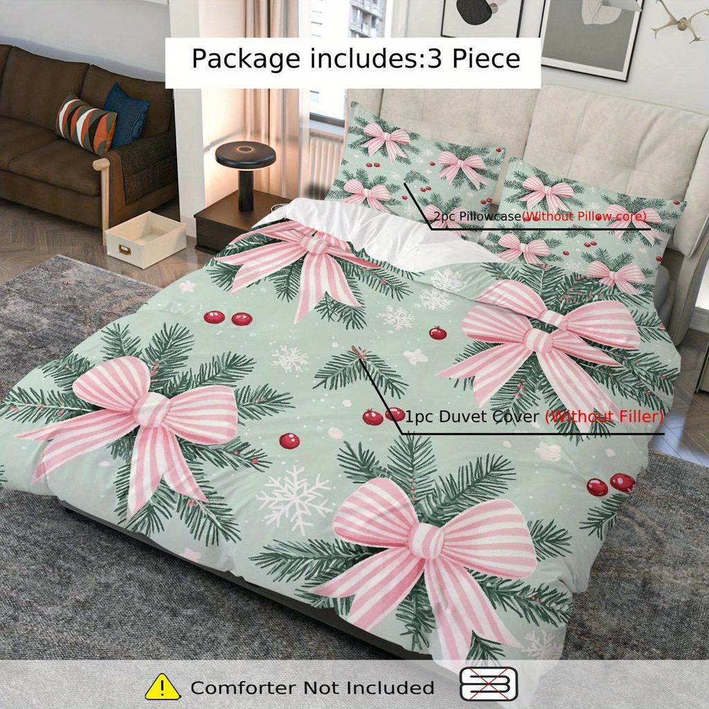 3pcs Christmas Duvet Cover Set with Pink Bow & Pine Branch Snowflake Berry Design - Soft Polyester Bedding, Zipper Closure